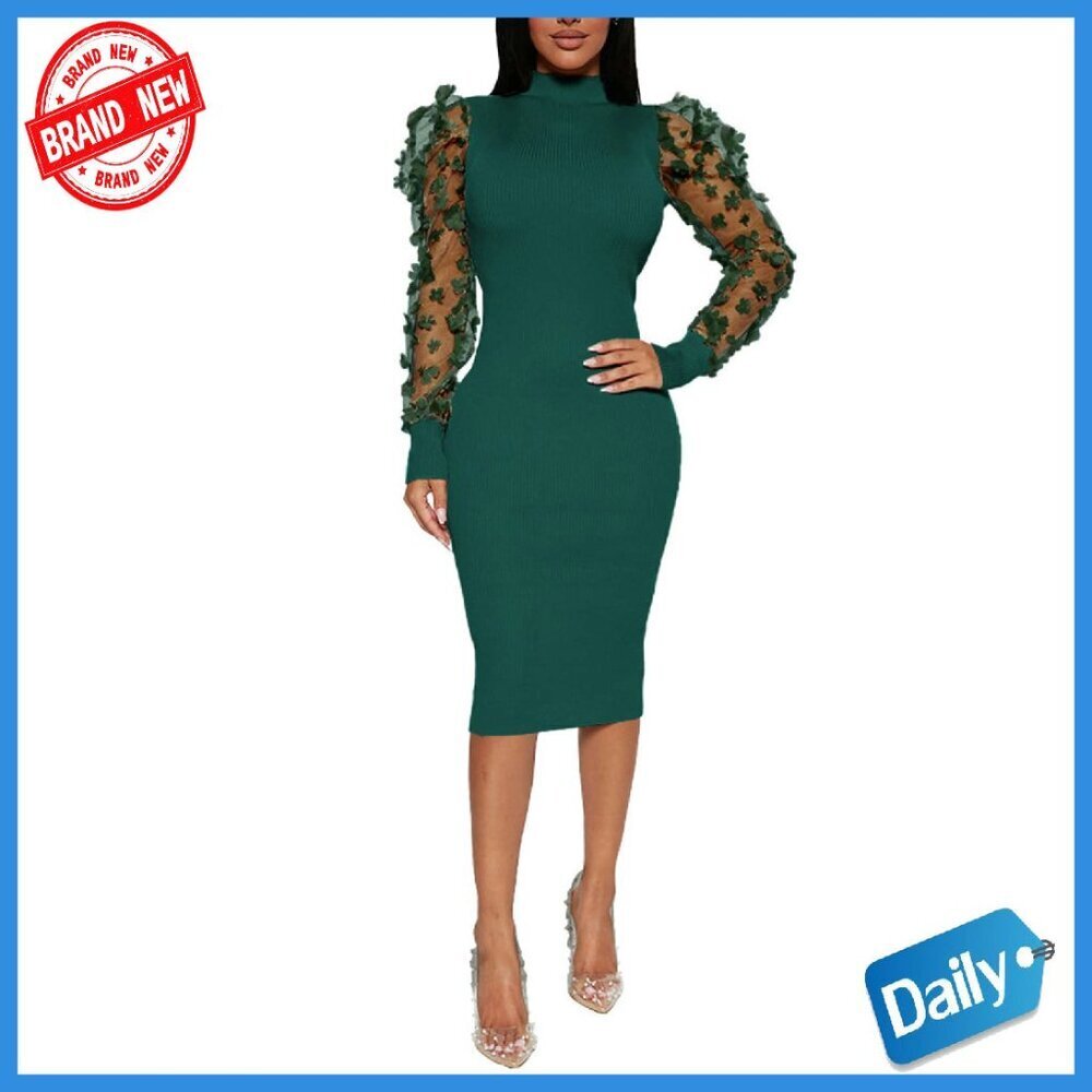 Sheer Mesh Mock Neck Bodycon Dress Long Sleeve Midi Formal Clubwear